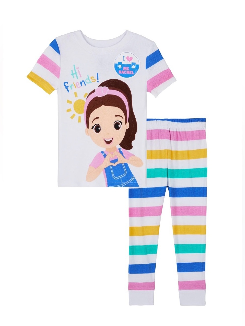 Ms. Rachel White Short-Sleeve Pajama Set with Pink Blue Yellow Green Stripes